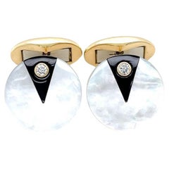 Onyx, Mother of Pearl, and Diamond Cufflinks in Yellow Gold