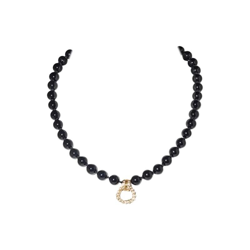 Onyx Necklace with Pendant, Set with 19 Diamonds, 14 Karat Yellow Gold For Sale