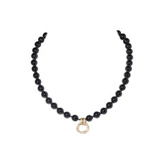 Onyx Necklace with Pendant, Set with 19 Diamonds, 14 Karat Yellow Gold