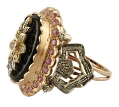 Onyx Ovals, Diamonds, Rubies Gold and Silver Retro Ring