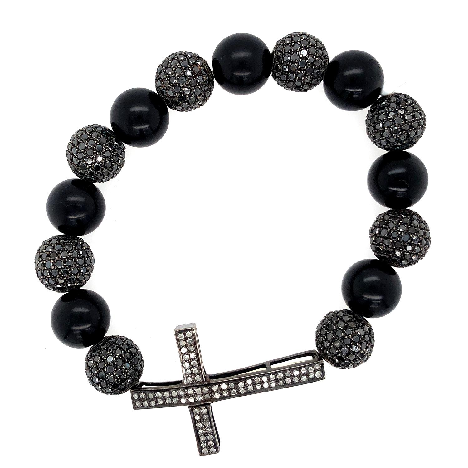 Moderno Bracciale con perline in onice e pavé di diamanti in vendita