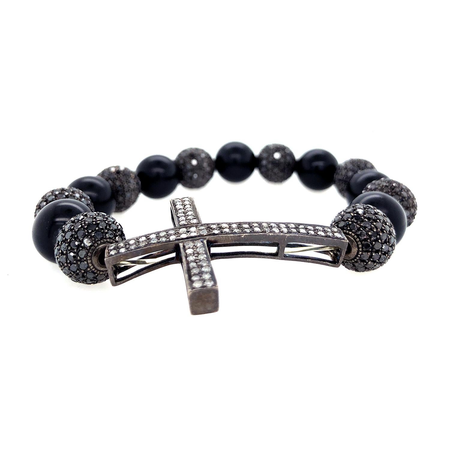 Taglio rotondo Bracciale con perline in onice e pavé di diamanti in vendita