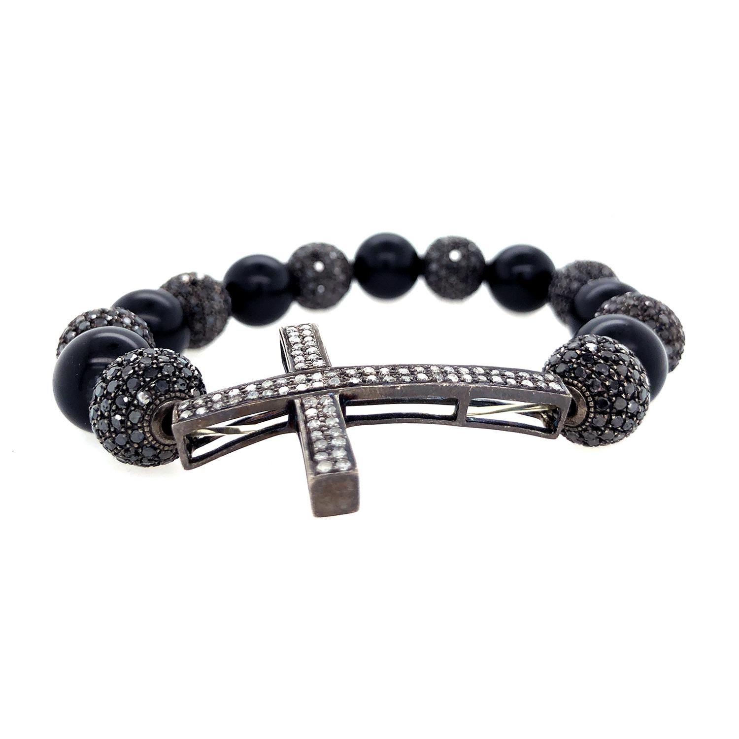 Modern Onyx & Pave Diamond Ball Beaded Bracelet For Sale