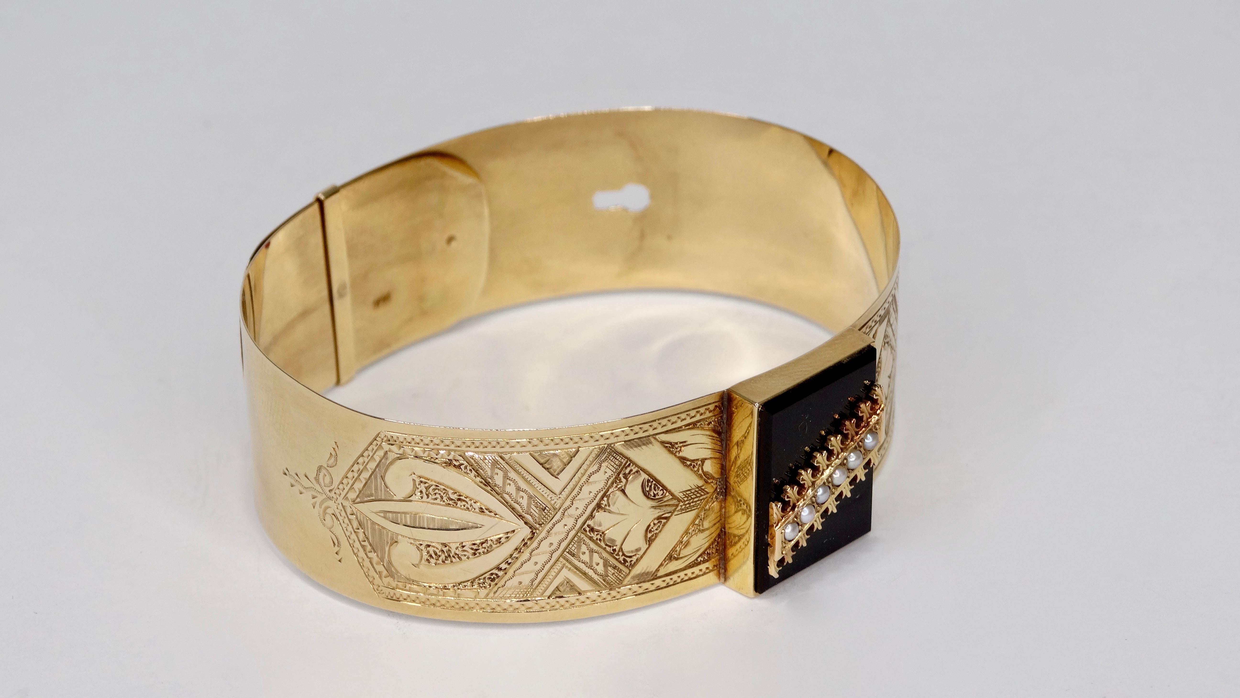 Emerald Cut Onyx & Pearl Victorian Rose Gold Bracelet  For Sale