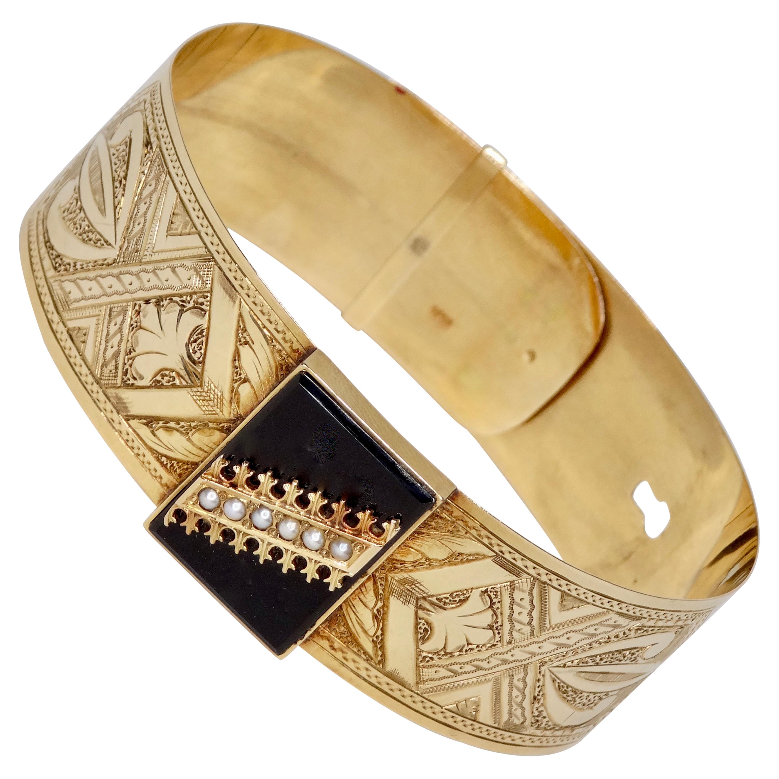 Onyx & Perle Viktorianisches Roségold-Armband  im Angebot
