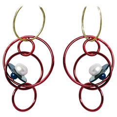 Onyx, Pearl and Red Nano Ceramic Coated Solid Sterling Silver Earrings