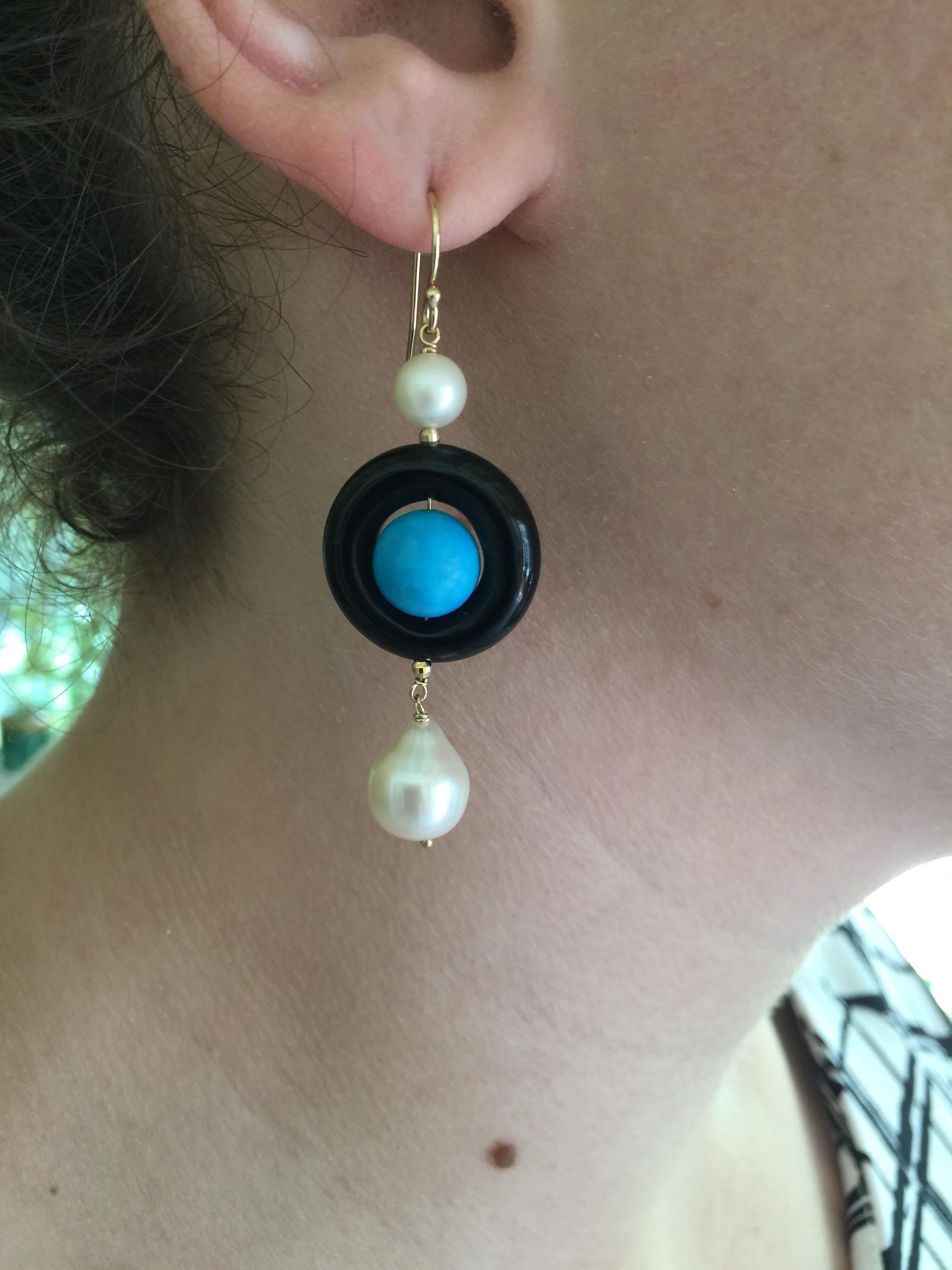 Marina J Onyx, Pearl, and Turquoise Dangle Earrings with 14 K Yellow Gold  In New Condition In Los Angeles, CA
