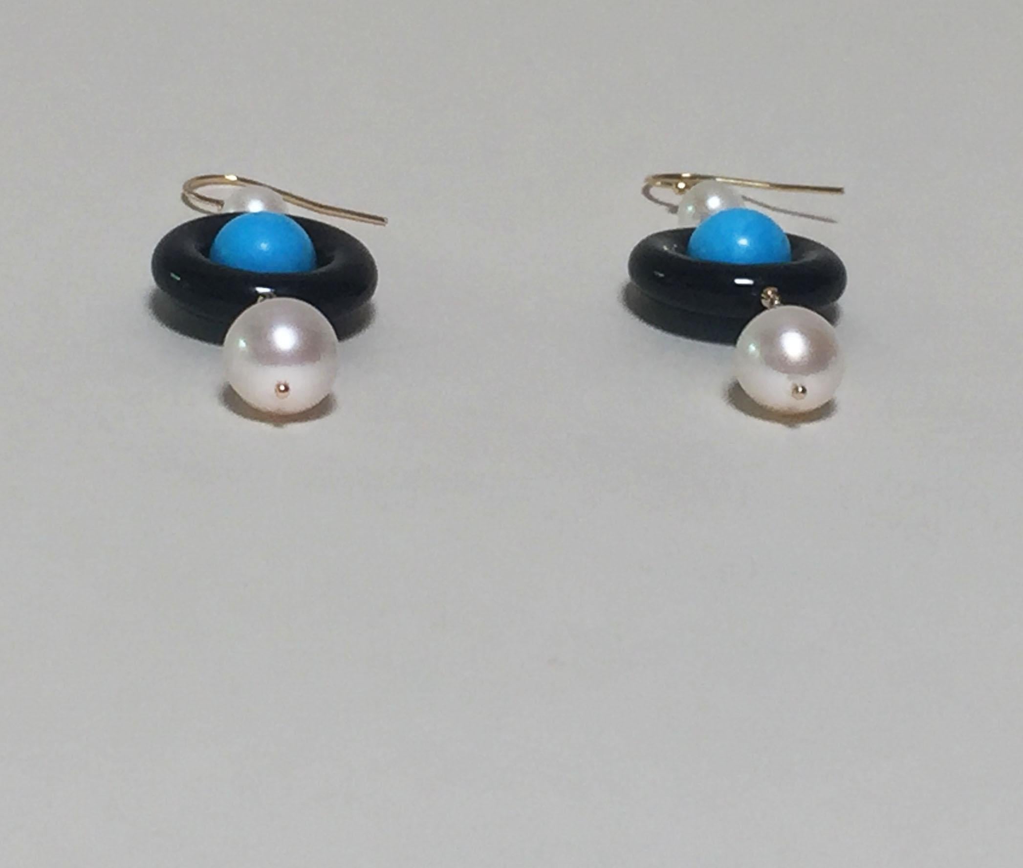 Women's Marina J Onyx, Pearl, and Turquoise Dangle Earrings with 14 K Yellow Gold 
