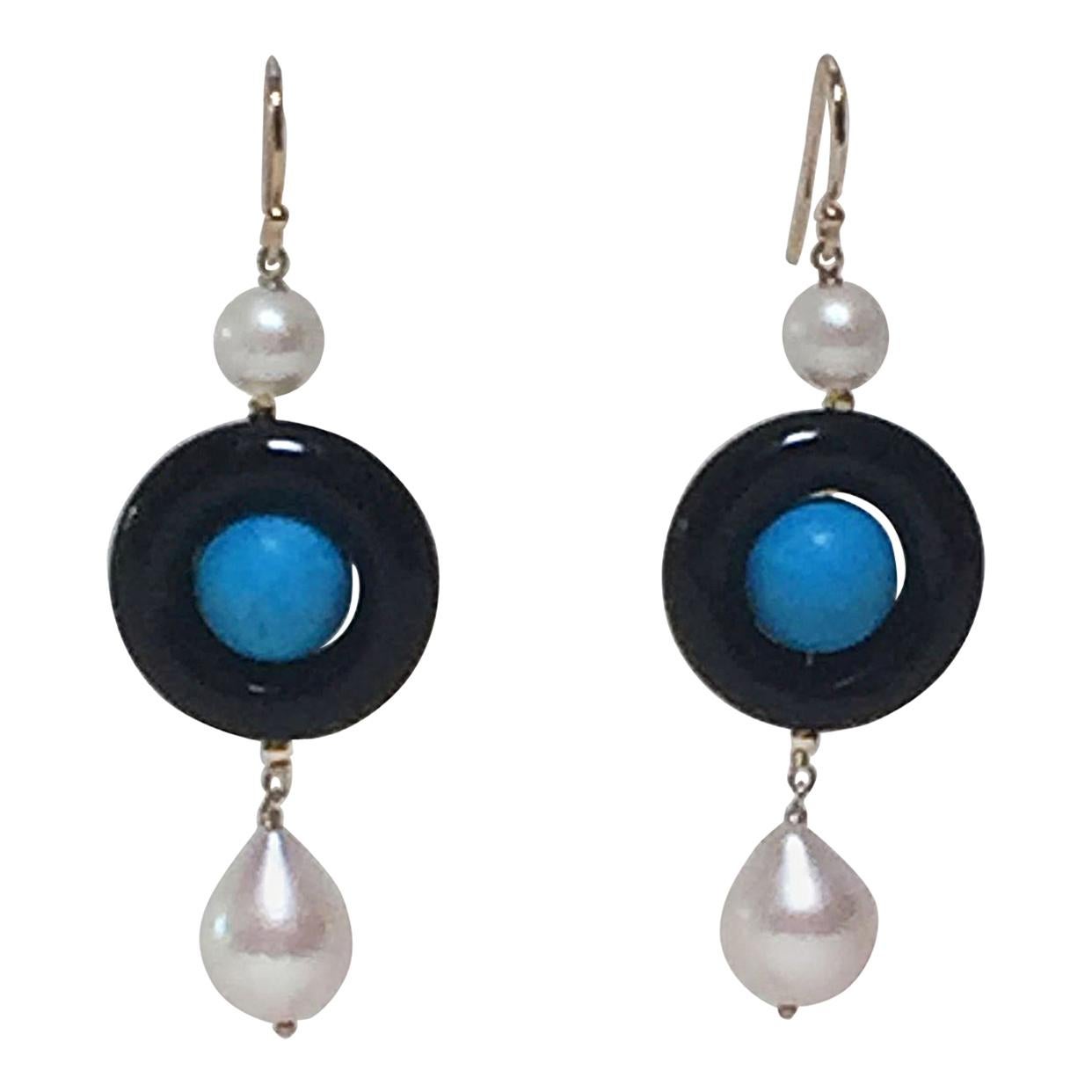 Marina J Onyx, Pearl, and Turquoise Dangle Earrings with 14 K Yellow Gold 