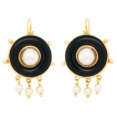 Antique Onyx & Pearl Victorian Gold Earrings