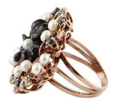 Onyx Pearls Blue Sapphires Diamonds Rose Gold and Silver Cocktail Ring