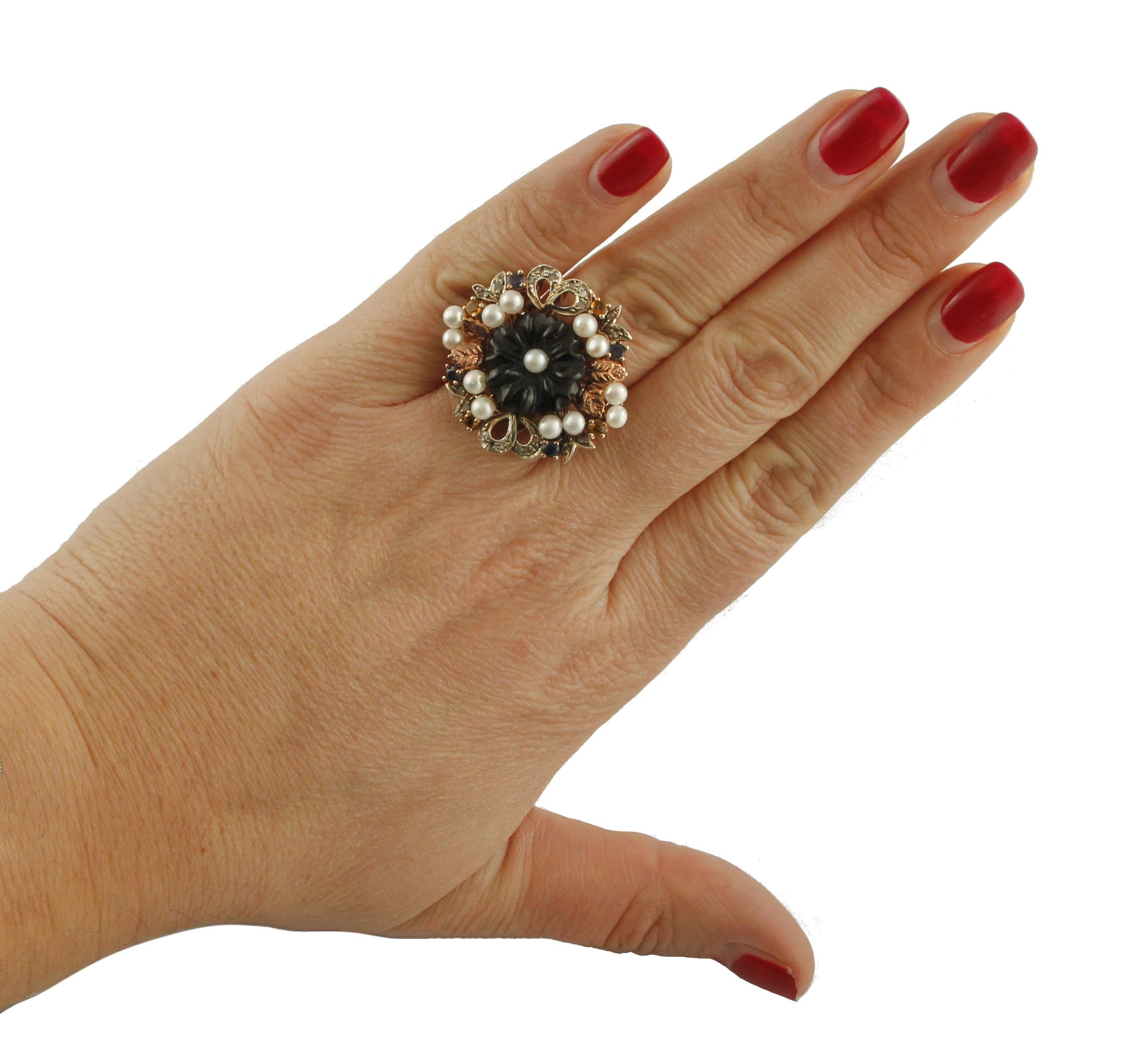 Women's Onyx Pearls Blue Sapphires Diamonds Rose Gold and Silver Cocktail Ring For Sale