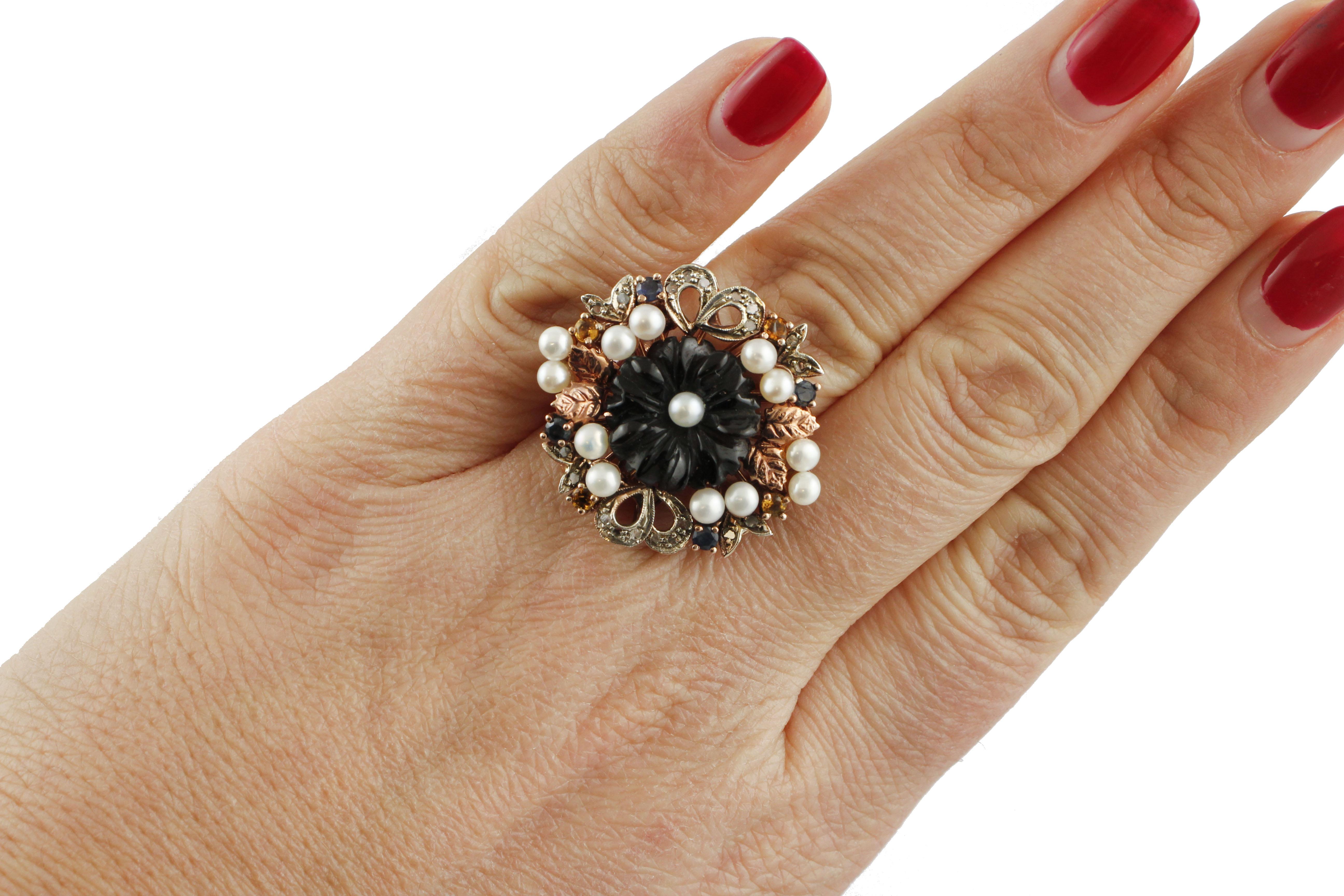 Onyx Pearls Blue Sapphires Diamonds Rose Gold and Silver Cocktail Ring For Sale 1