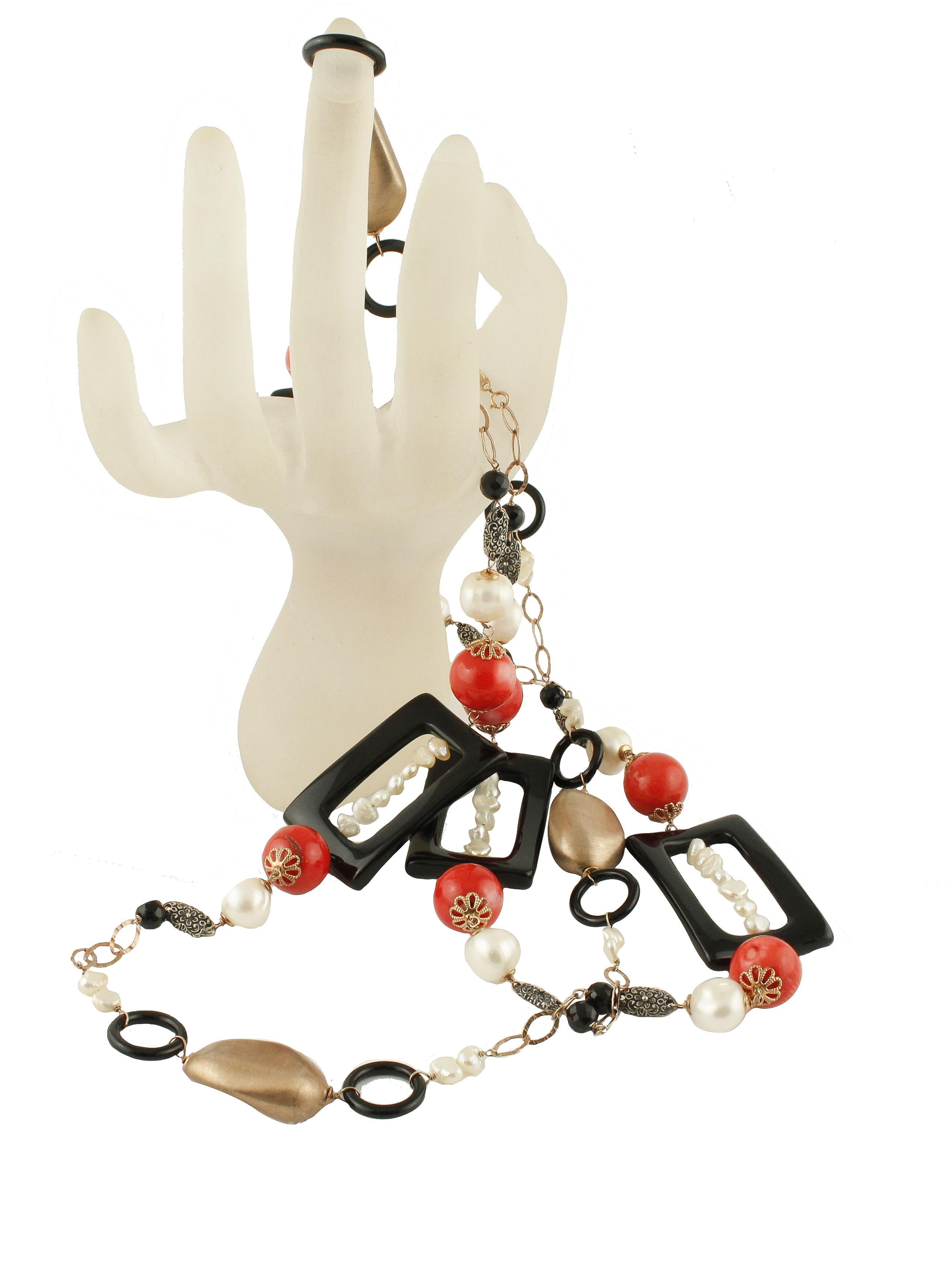 Retro Onyx Pearls Little Pearls Red Bambù Rose Gold and Silver Necklace For Sale