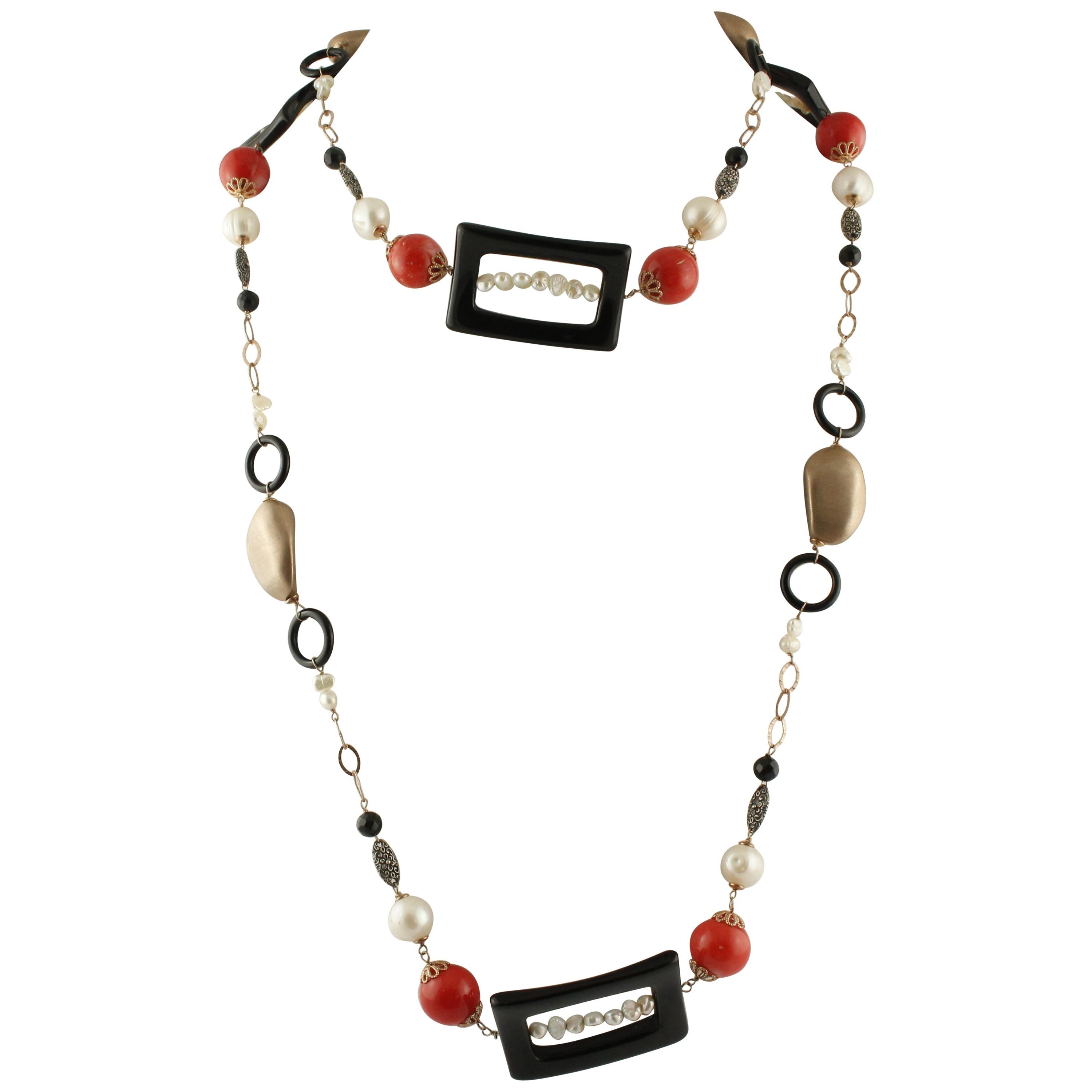 Onyx Pearls Little Pearls Red Bambù Rose Gold and Silver Necklace For Sale