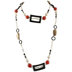 Onyx Pearls Little Pearls Red Bambù Rose Gold and Silver Necklace