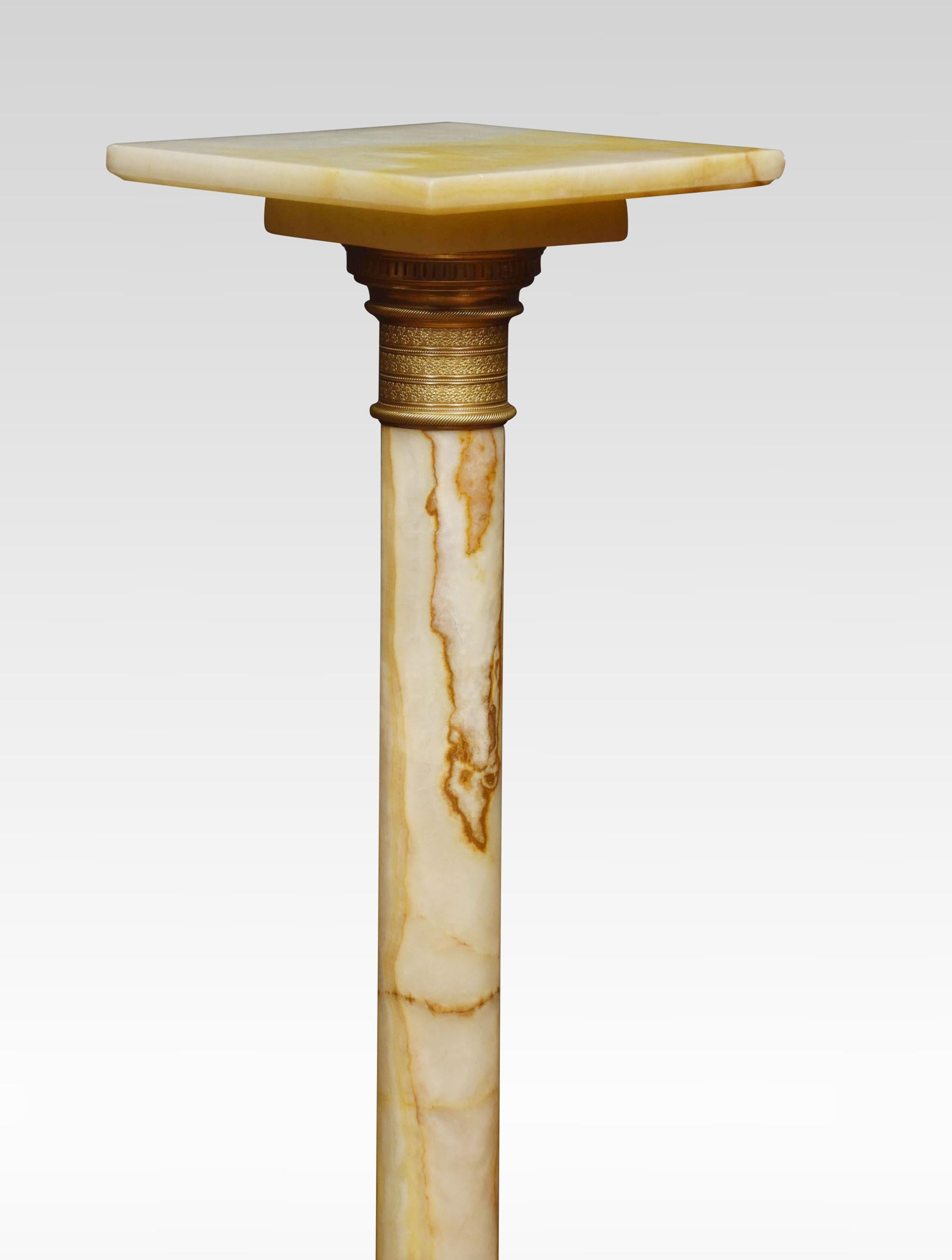 Onyx marble and Gilt Metal Mounted Pedestal, with square top above scrolling leaf cast socles and column supports, raised on stepped platform bases, terminating in bracket feet.
Dimensions
Height 39 Inches
Width 10 Inches
Depth 10 Inches.