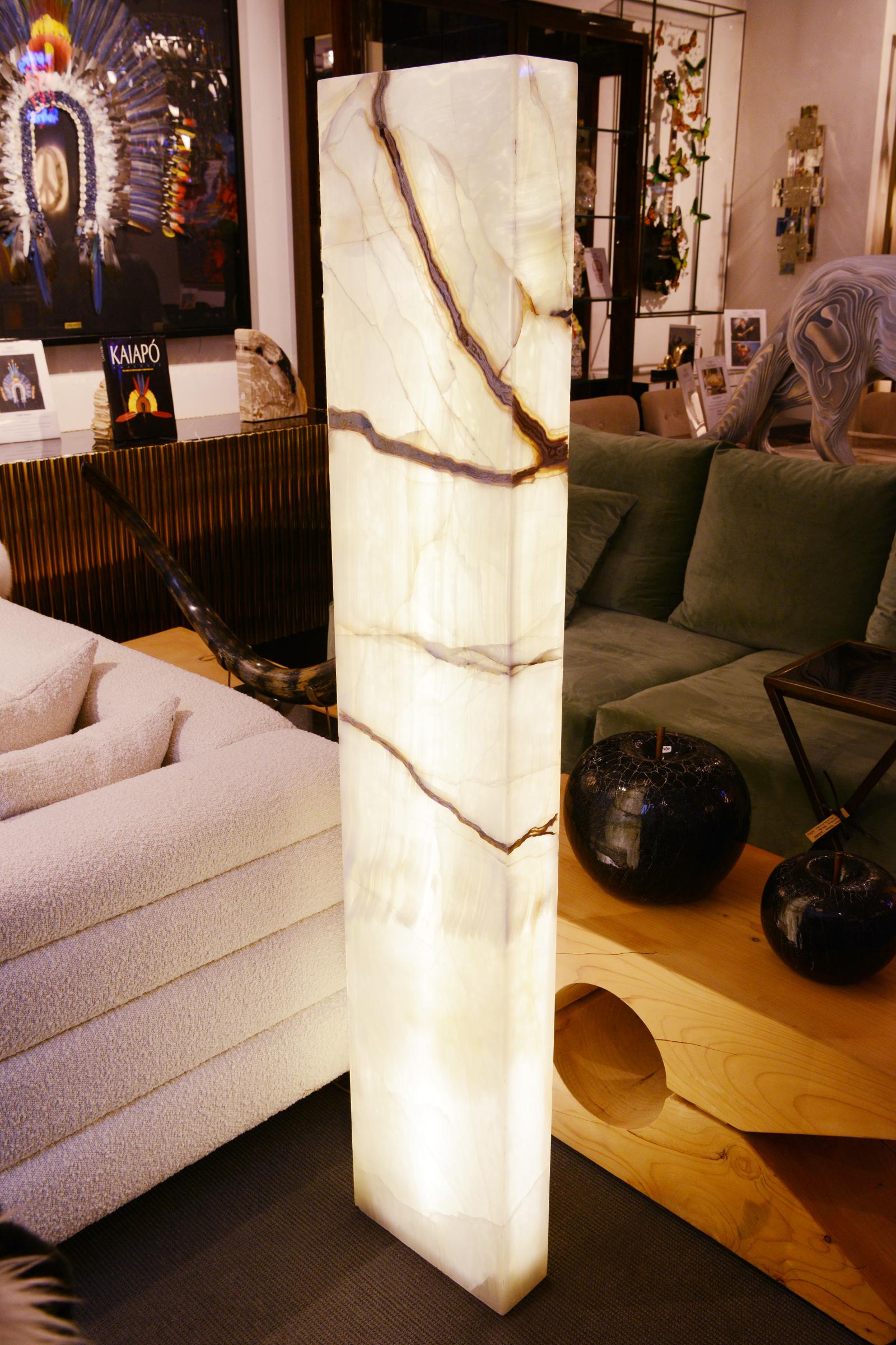Carved Onyx Polished Totem Floor Lamp For Sale