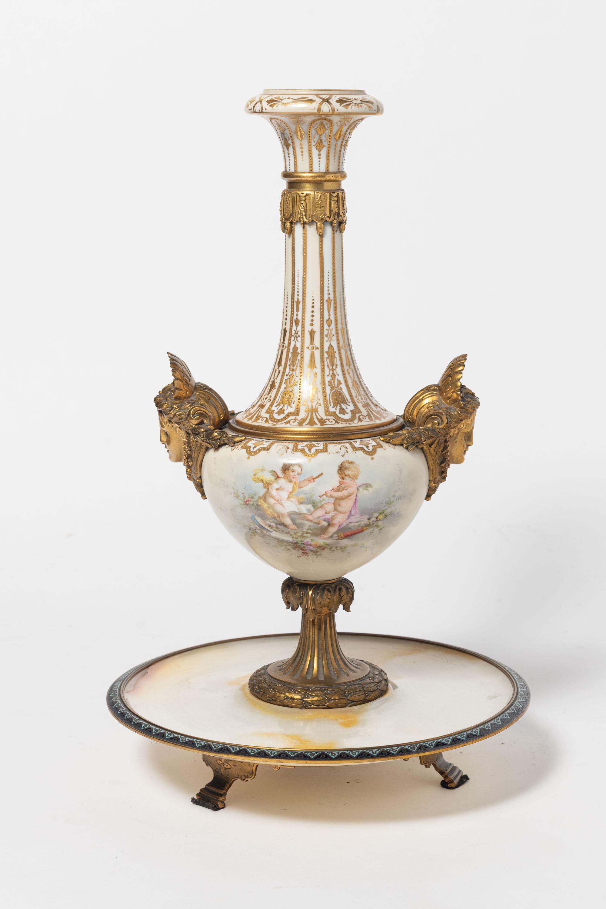 French Onyx, Porcelain, Gilt-Bronze and Cloisonnè Sevres Center, Neoclassical Style For Sale