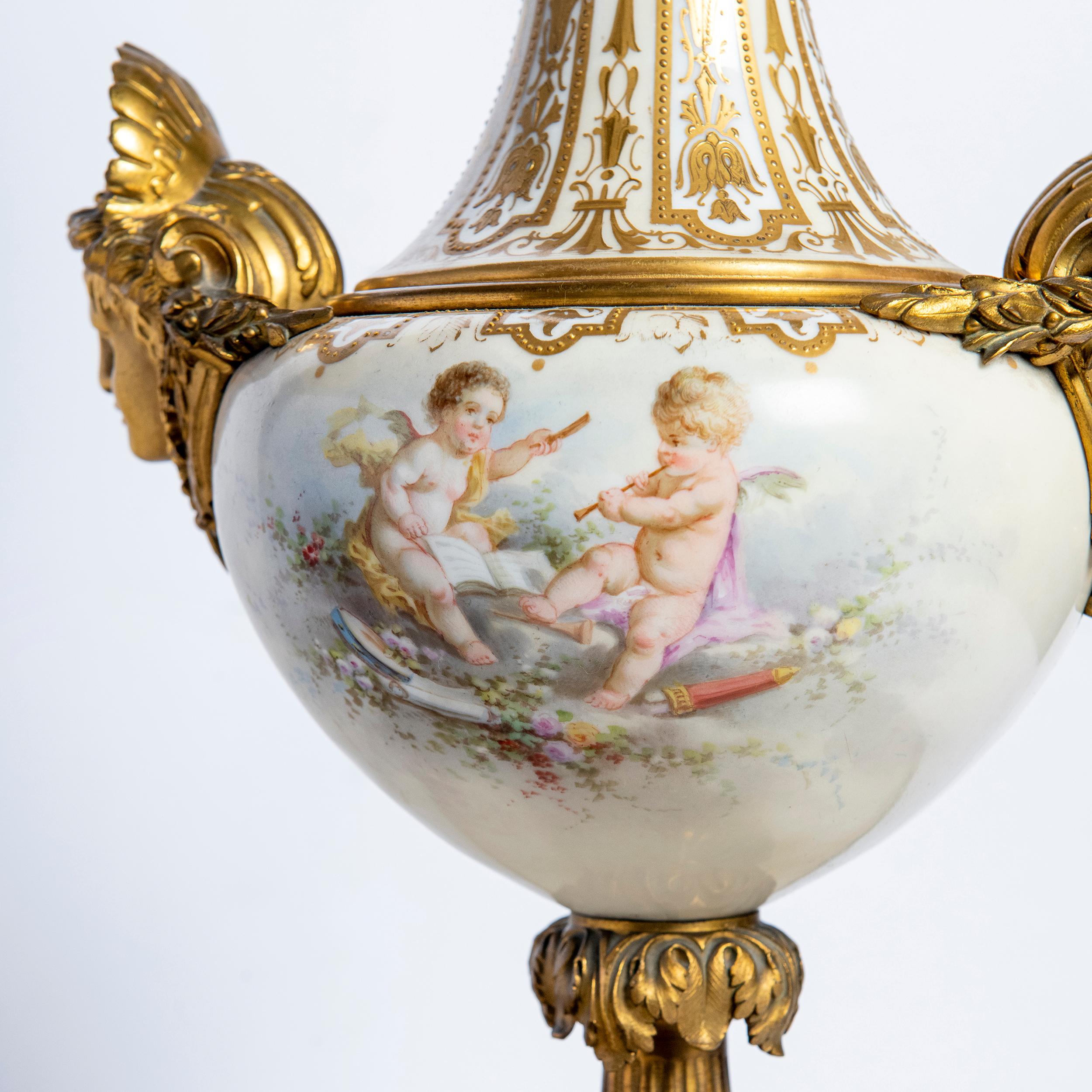 French Onyx, Porcelain, Gilt-Bronze and Cloisonnè Sevres Center, Neoclassical Style For Sale