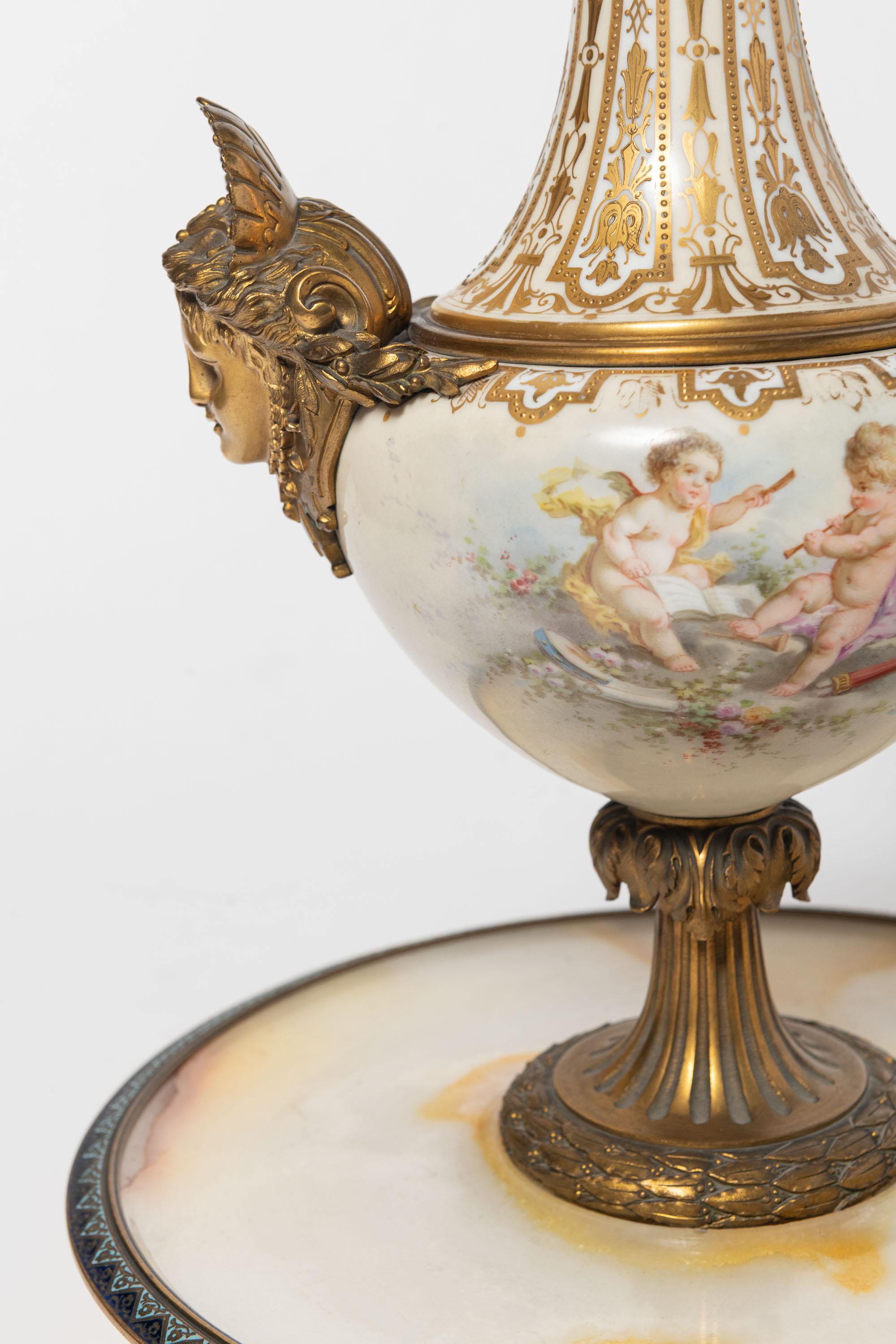 Onyx, Porcelain, Gilt-Bronze and Cloisonnè Sevres Center, Neoclassical Style For Sale 4