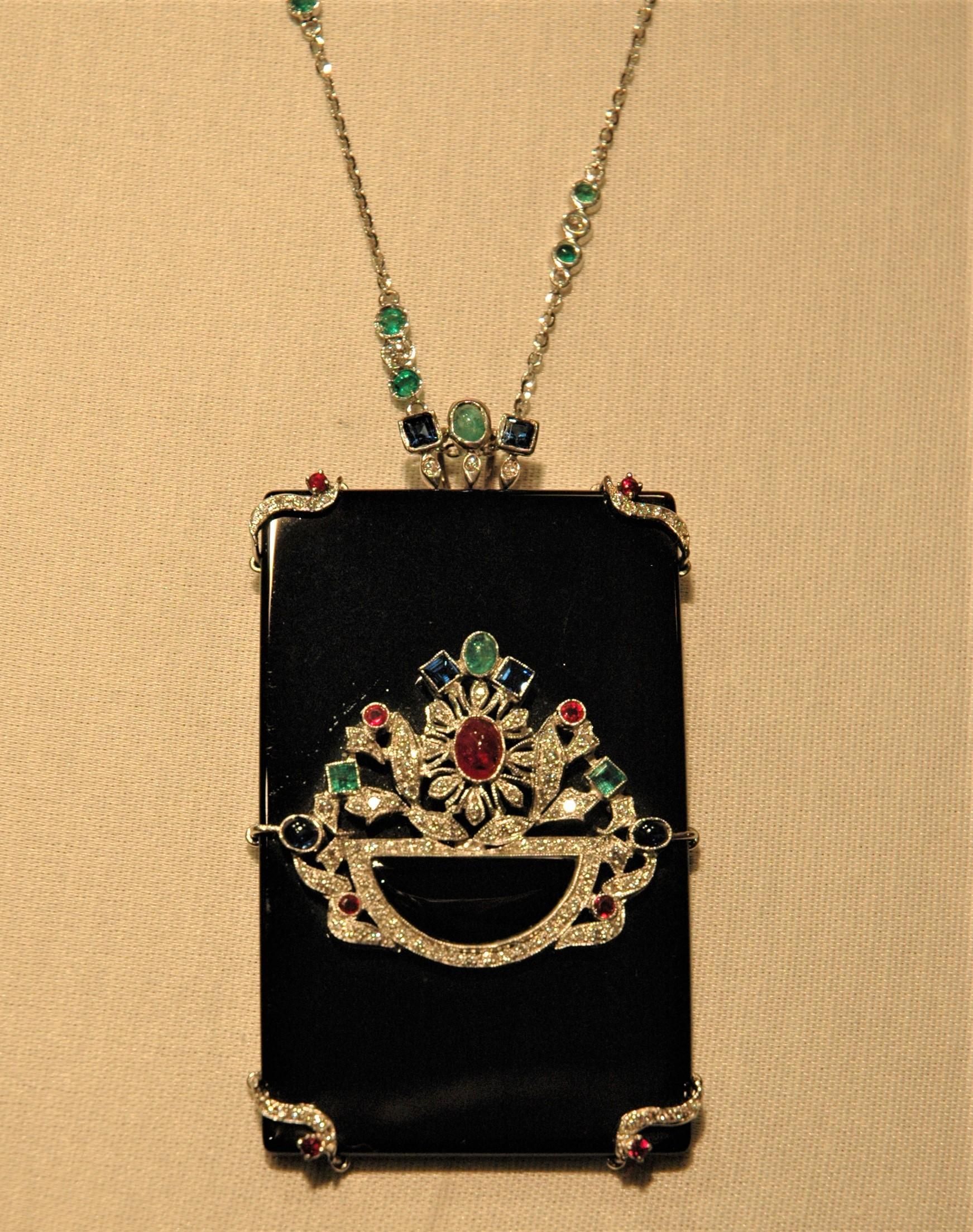 Belle Époque Onyx, Precious Stones, Diamonds, White Gold Pendant Necklace  For Sale
