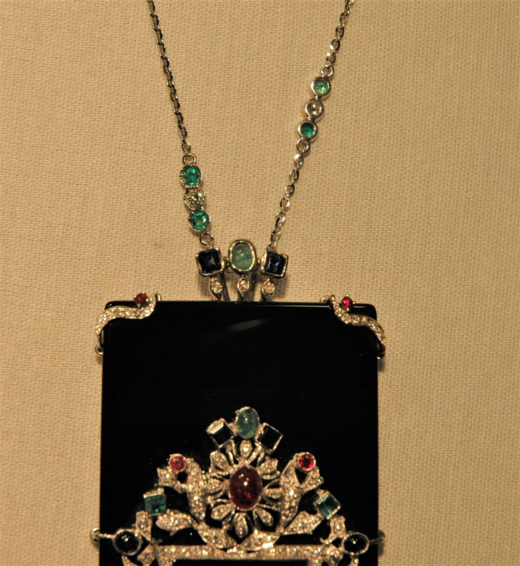 Cabochon Onyx, Precious Stones, Diamonds, White Gold Pendant Necklace For Sale