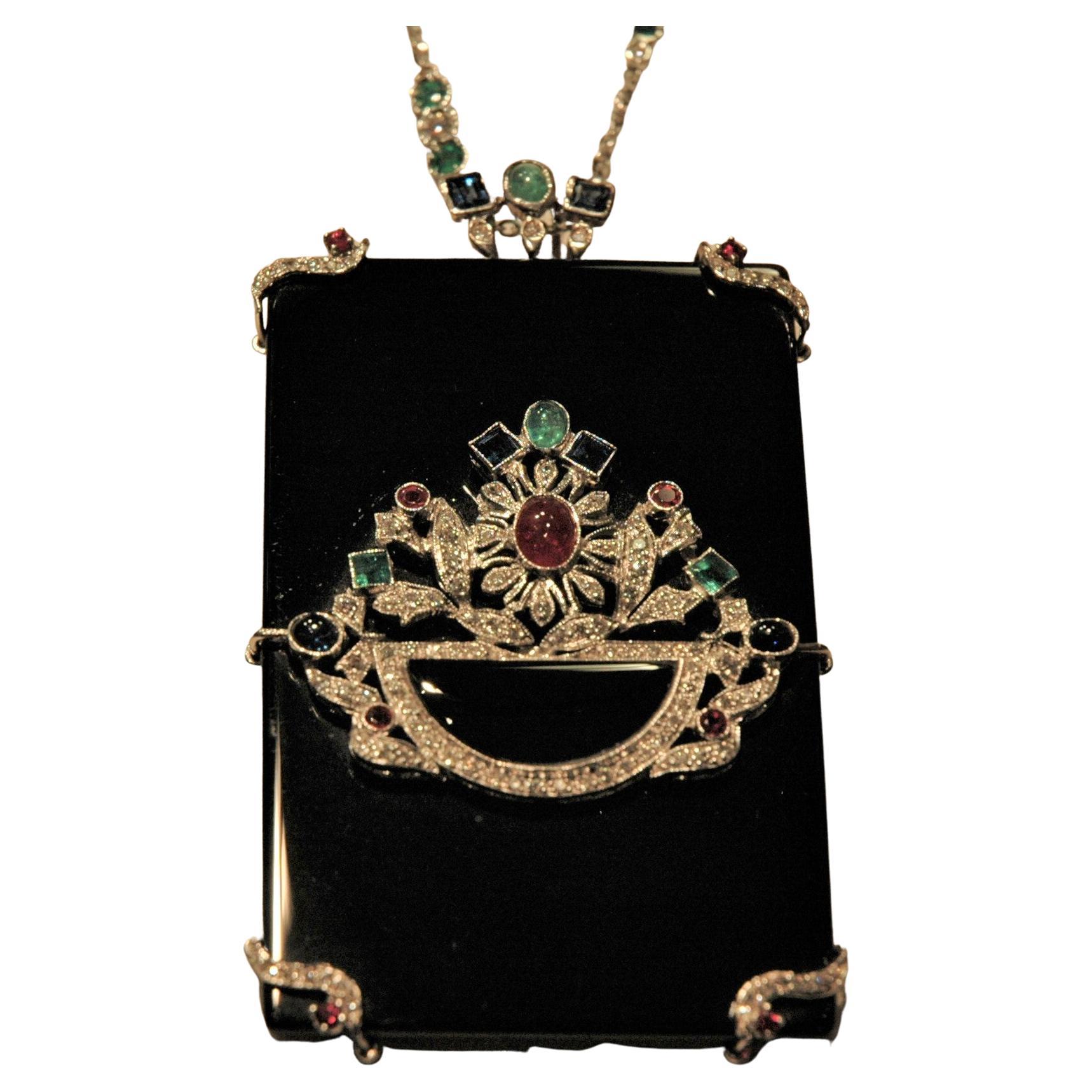 Anhänger-Halskette aus Weißgold mit Onyx, Edelsteinen und Diamanten 