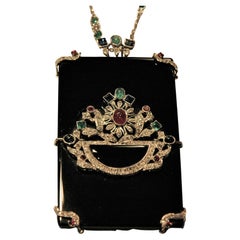 Vintage Onyx, Precious Stones, Diamonds, White Gold Pendant Necklace 