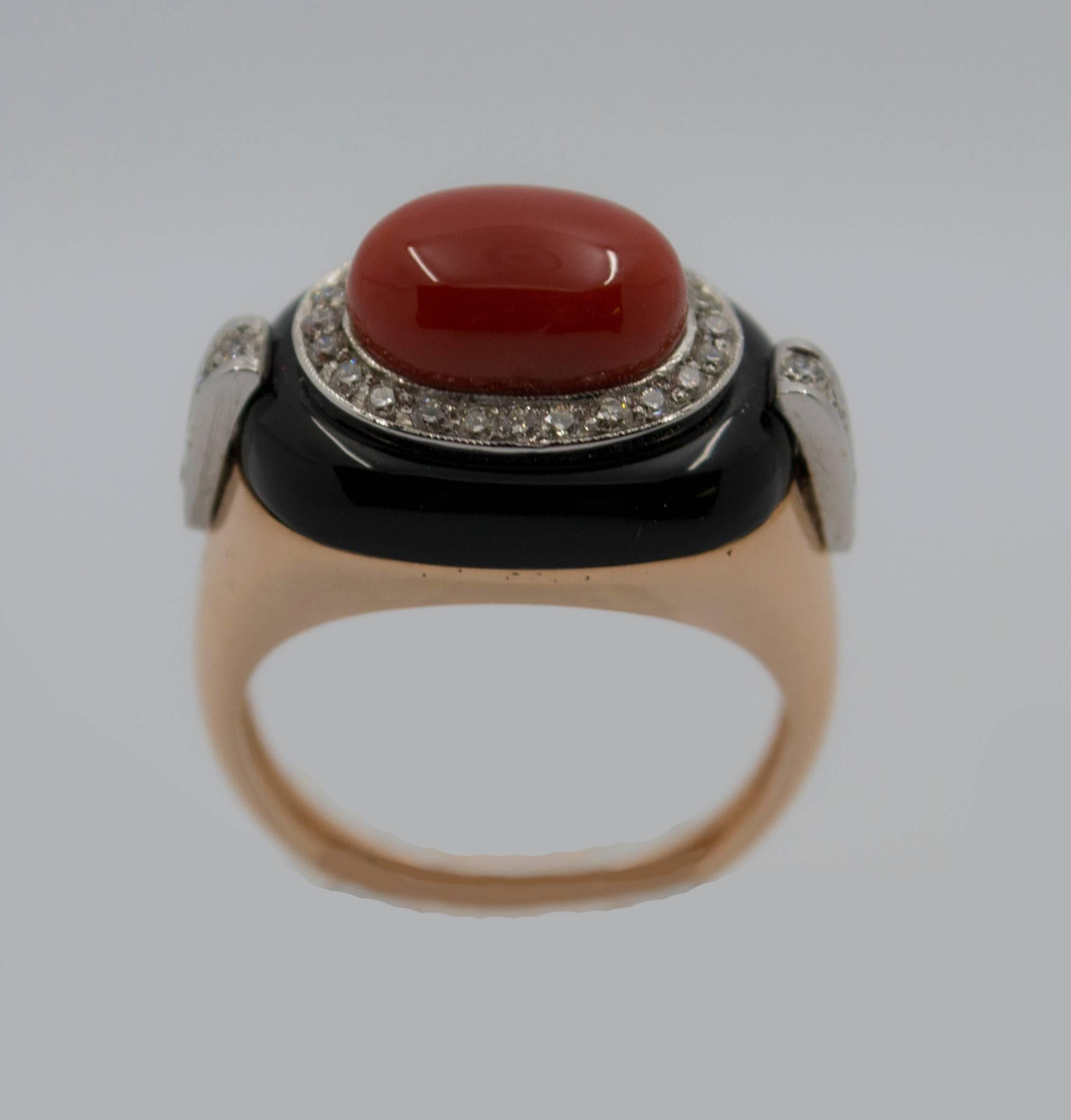 This ring is made of 14K Yellow Gold.
This ring has 0.35 Carats of White Diamonds.
This ring has a 14.30x18.0mm Onyx and a 11.0X8.5mm Mediterranean Red Coral (Mediterranean Sea, Sardinia, Italy).
Size ITA: 16 Size USA: 7.5
We're a workshop so every