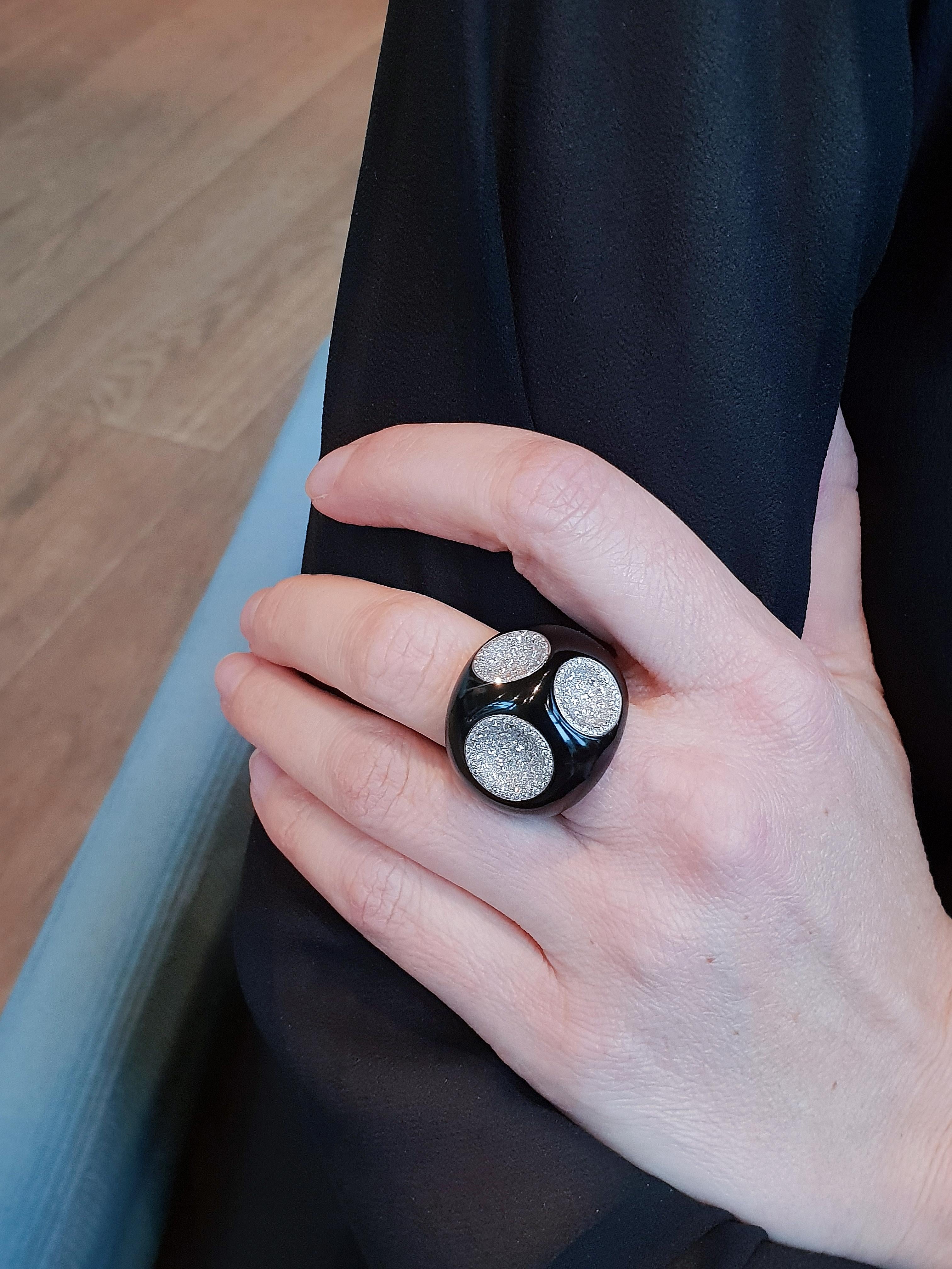 Women's or Men's Onyx Ring with 3 Circles Paved with Diamonds