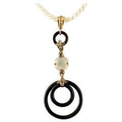 Onyx Rings, Diamonds, Rubies, Moonstone, Yellow Gold and Silver Retro Pendant