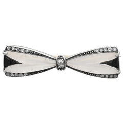 Onyx, Rock Crystal and Diamond Bow Brooch in 14k Yellow Gold Bow Brooch