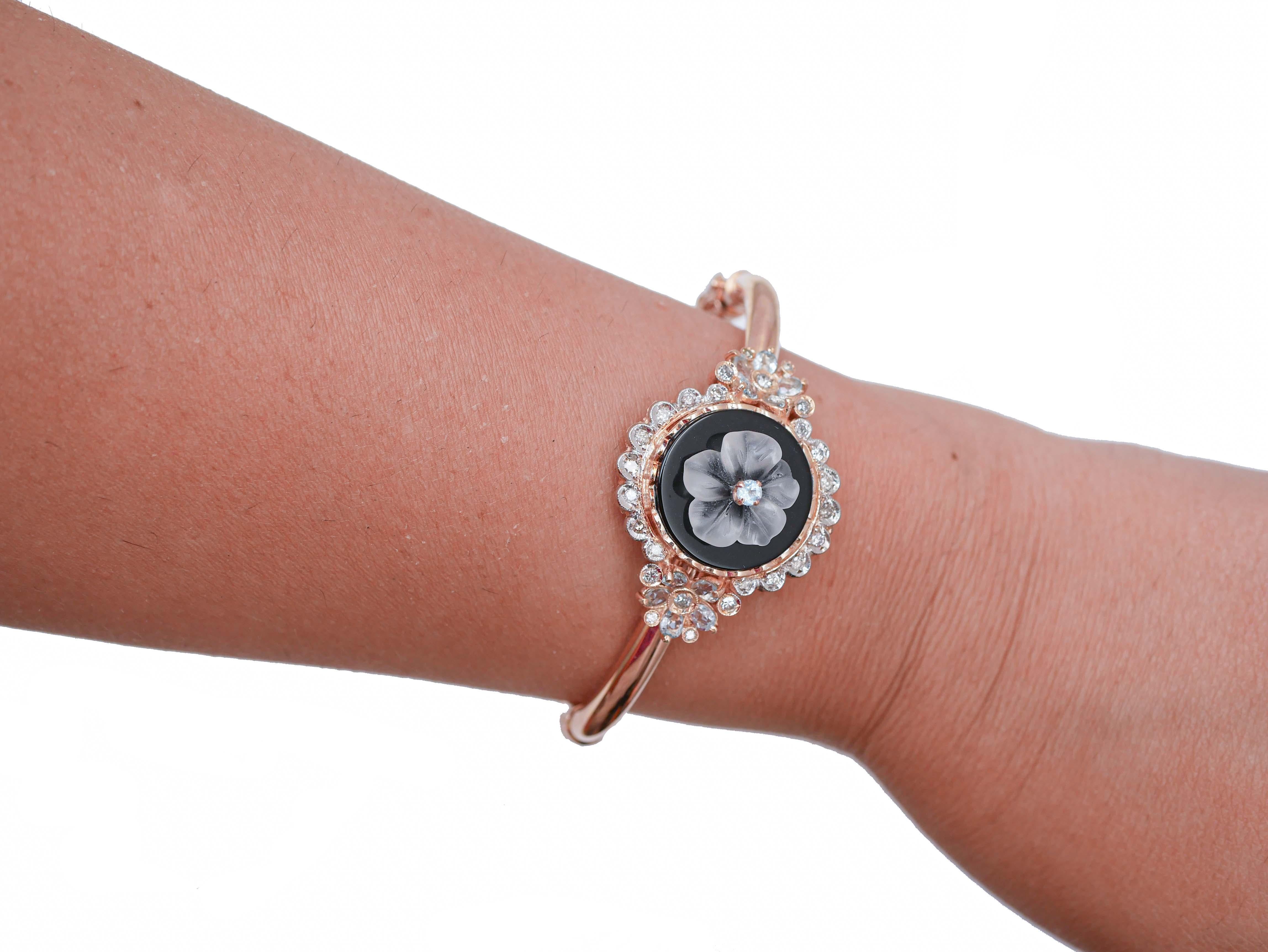 Mixed Cut Onyx, Rock Crystal, Aquamarine, Diamonds, Rose Gold and Silver Retrò Bracelet. For Sale