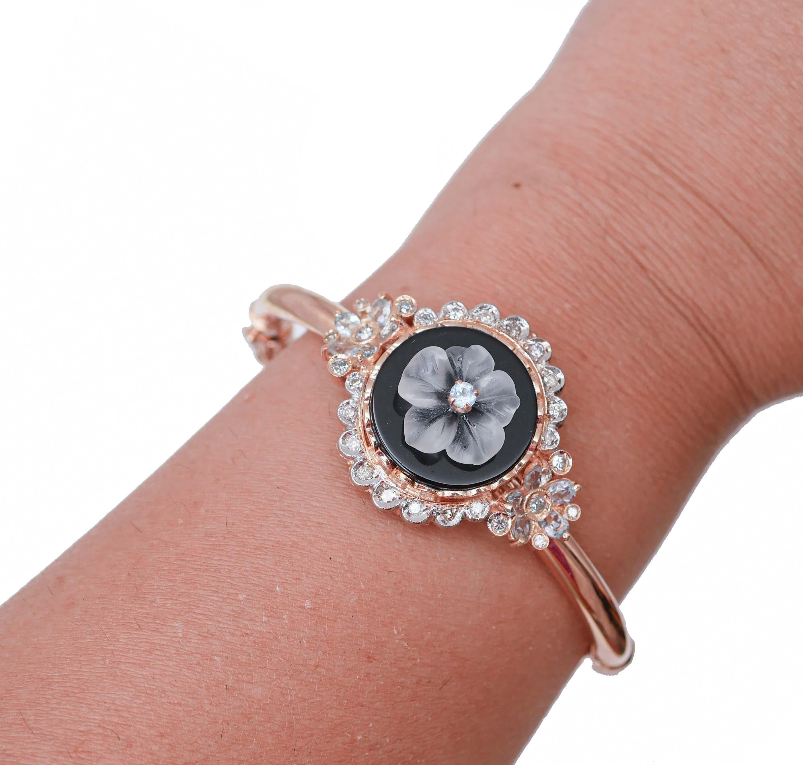 Onyx, Rock Crystal, Aquamarine, Diamonds, Rose Gold and Silver Retrò Bracelet. In Good Condition For Sale In Marcianise, Marcianise (CE)