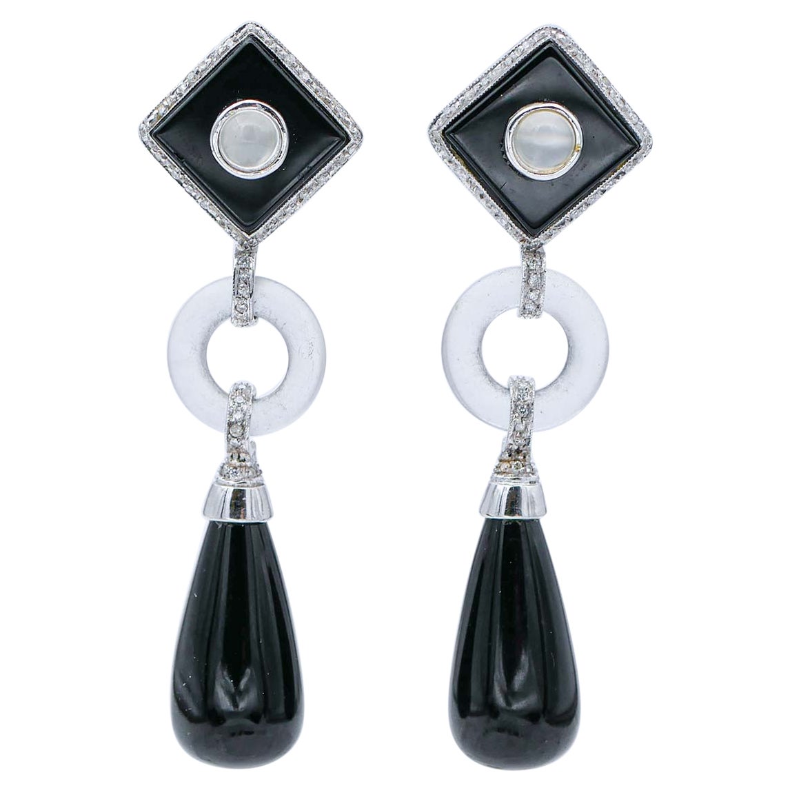 Onyx, Crystal Stone, Moonlight Stone, Diamants, Boucles d
oreilles pendantes en or 14 carats