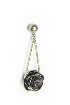 Onyx Roses Pearls and Tsavorites in 18 Karat Gold Dangle Earrings