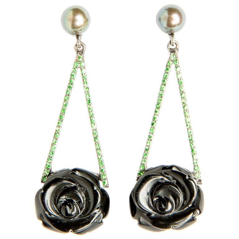 Onyx Roses Pearls and Tsavorites in 18 Karat Gold Dangle Earrings For ...