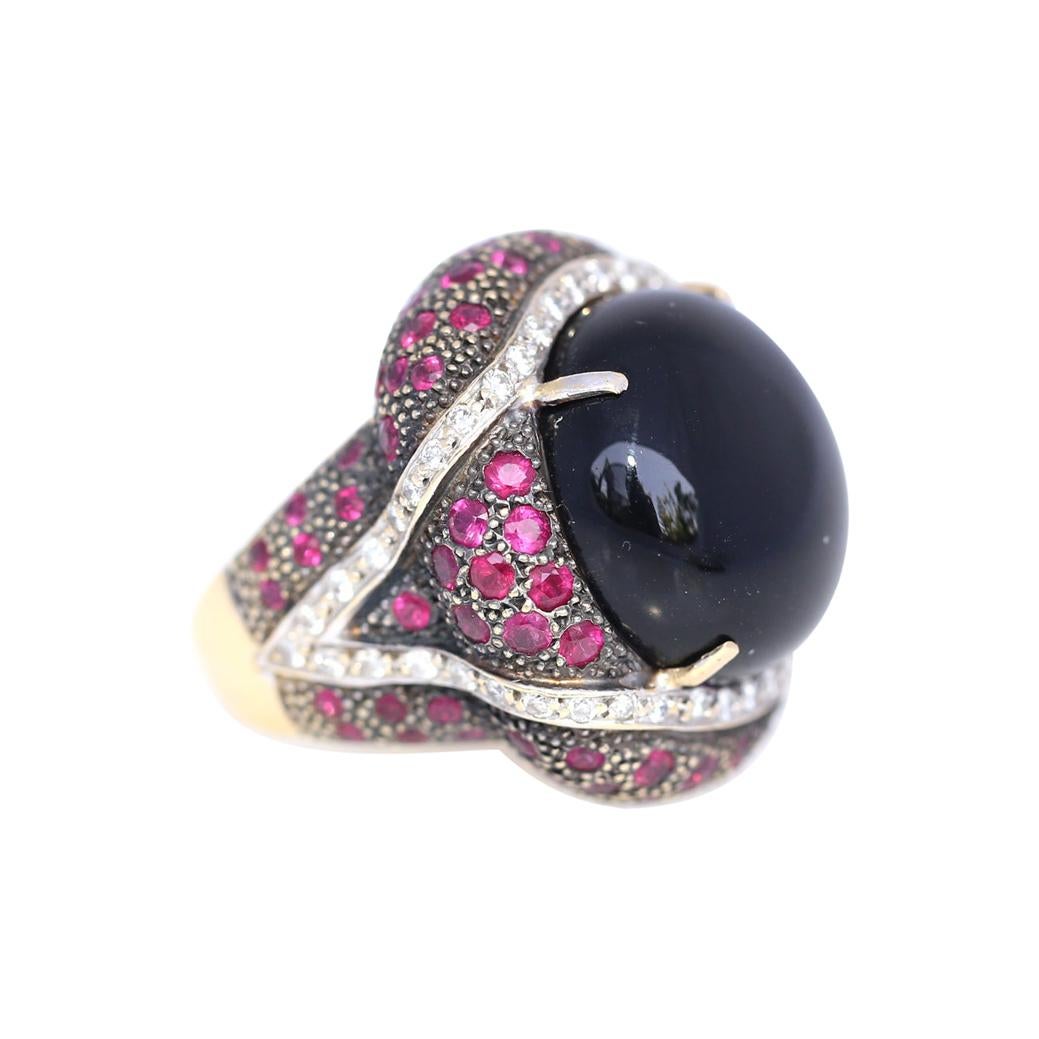 Onyx Rubies Diamonds Italian Ring, 1990