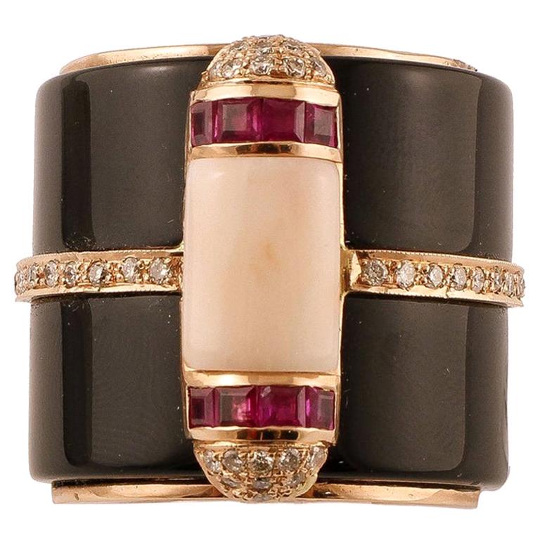 Onyx, Rubies, Diamonds, Pink Coral, 14 Karat Yellow Gold Vintage Ring