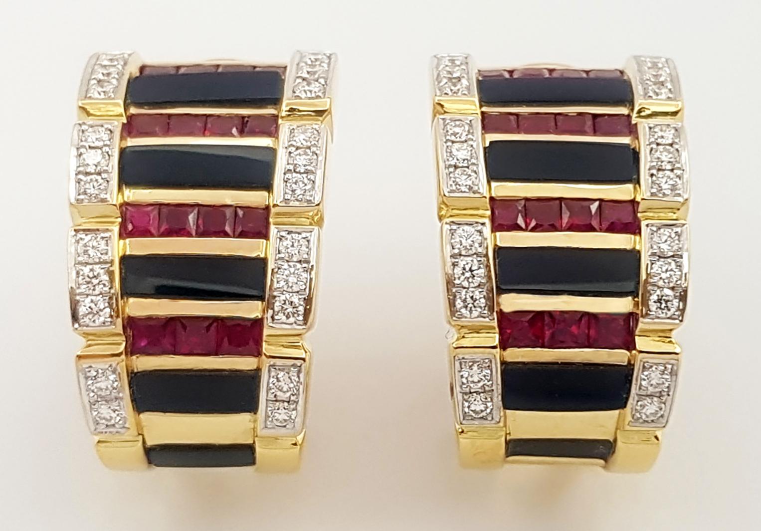 Contemporary Onyx, Ruby and Diamond Earrings set in 18K Gold Settings For Sale