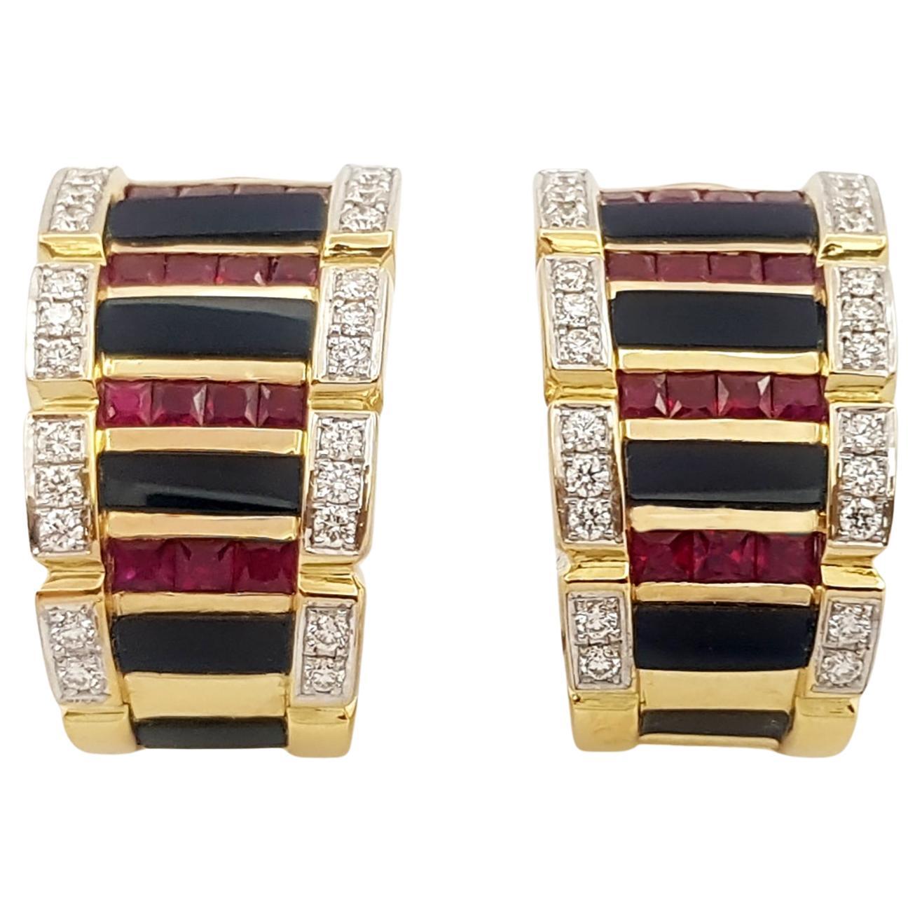 Onyx, Ruby and Diamond Earrings set in 18K Gold Settings For Sale