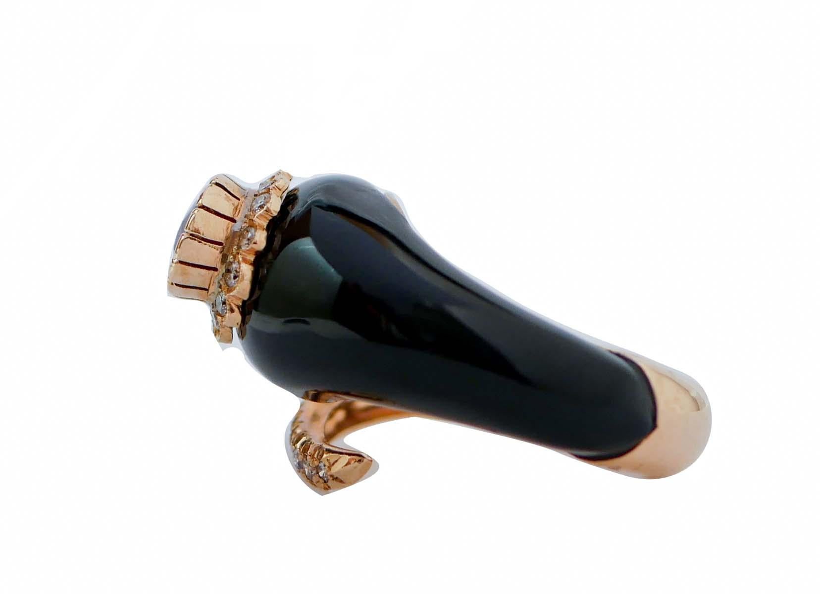Retro Onyx, Ruby, Diamonds, 14 Karat Rose Gold Snake Ring.