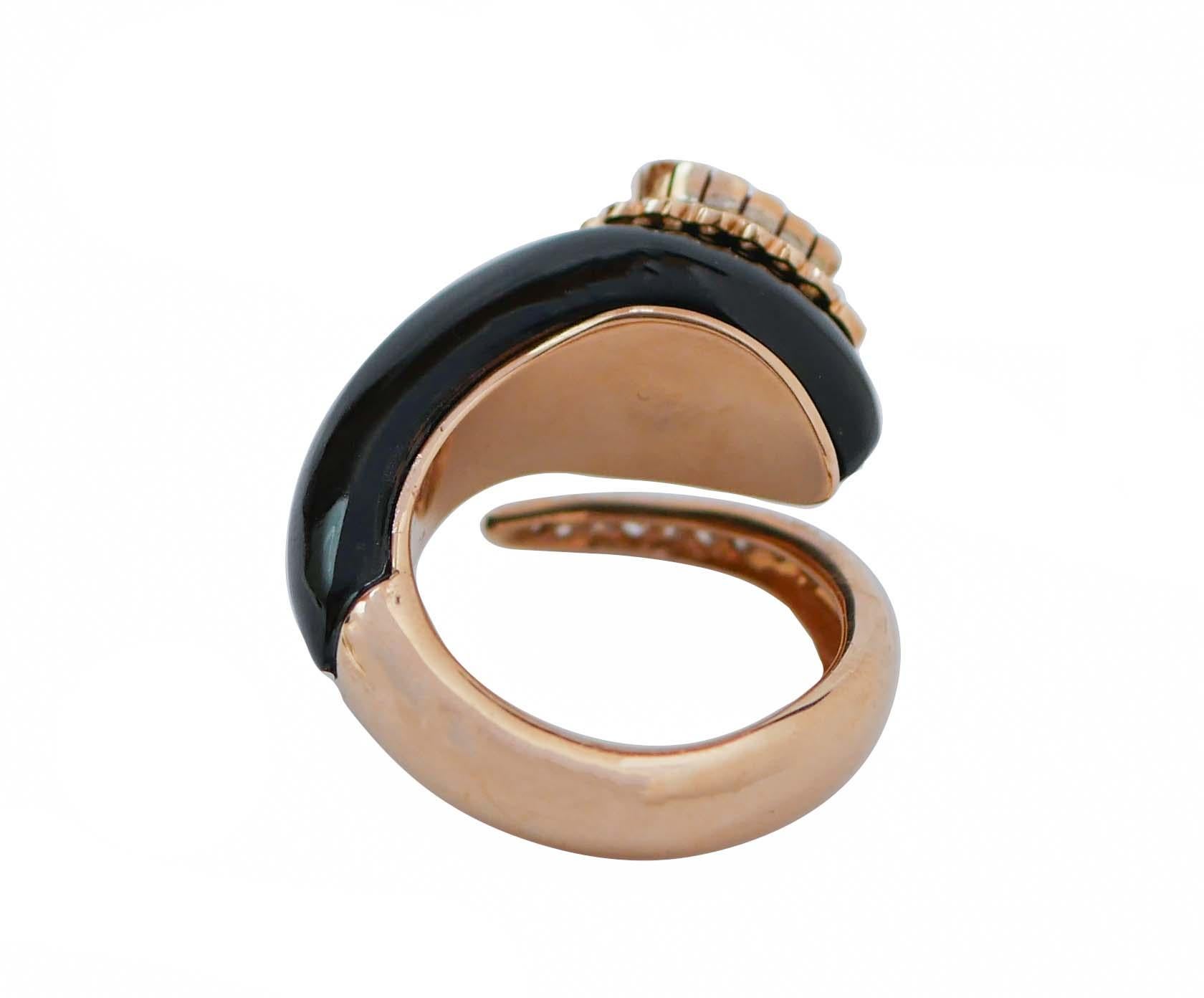 Mixed Cut Onyx, Ruby, Diamonds, 14 Karat Rose Gold Snake Ring.