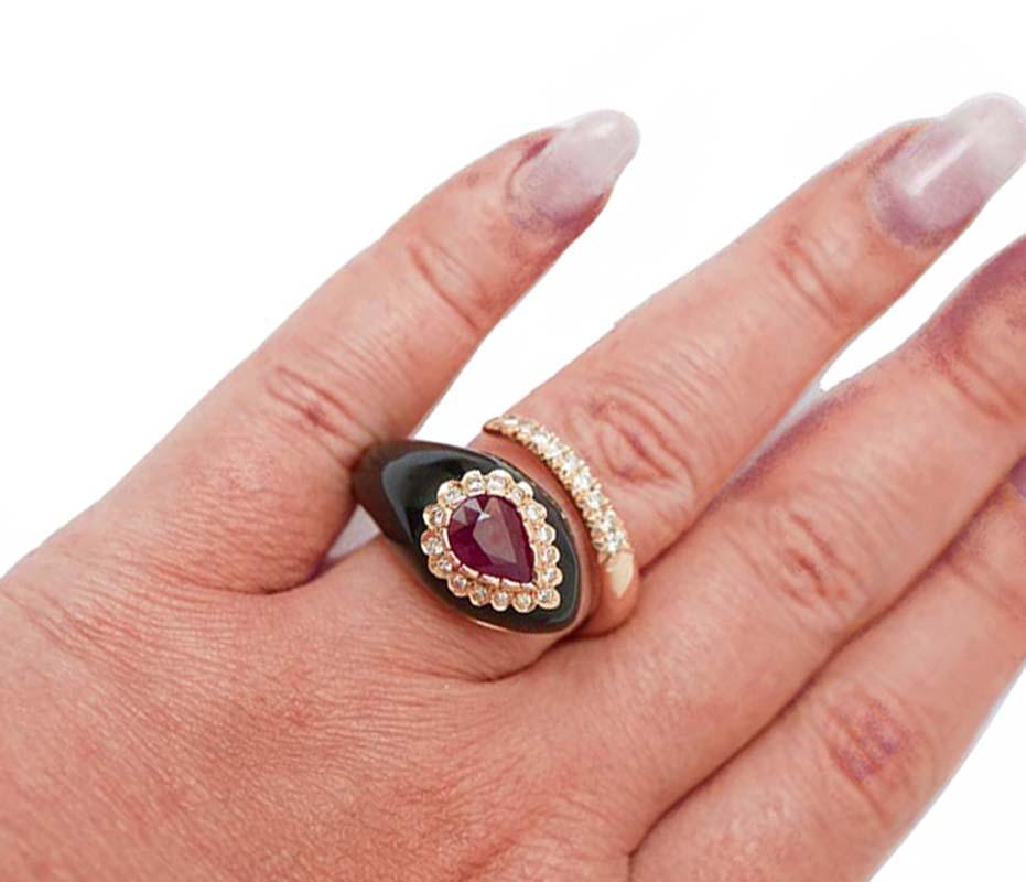 Women's Onyx, Ruby, Diamonds, 14 Karat Rose Gold Snake Ring.