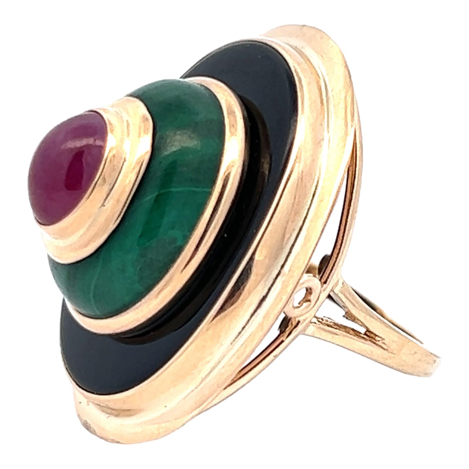 Onyx Ruby Green Enamel 14 Karat Yellow Gold Cocktail Ring Contemporary  In Excellent Condition In Boca Raton, FL