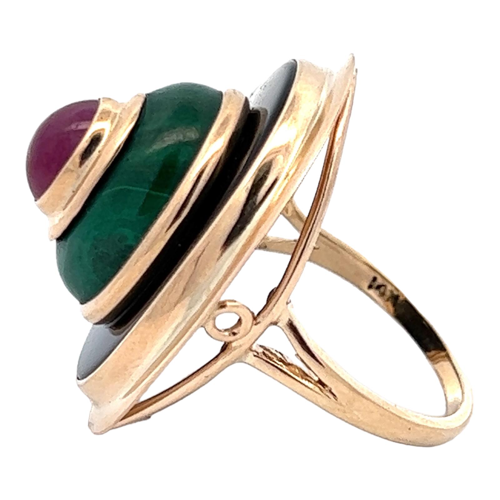 Women's Onyx Ruby Green Enamel 14 Karat Yellow Gold Cocktail Ring Contemporary  For Sale