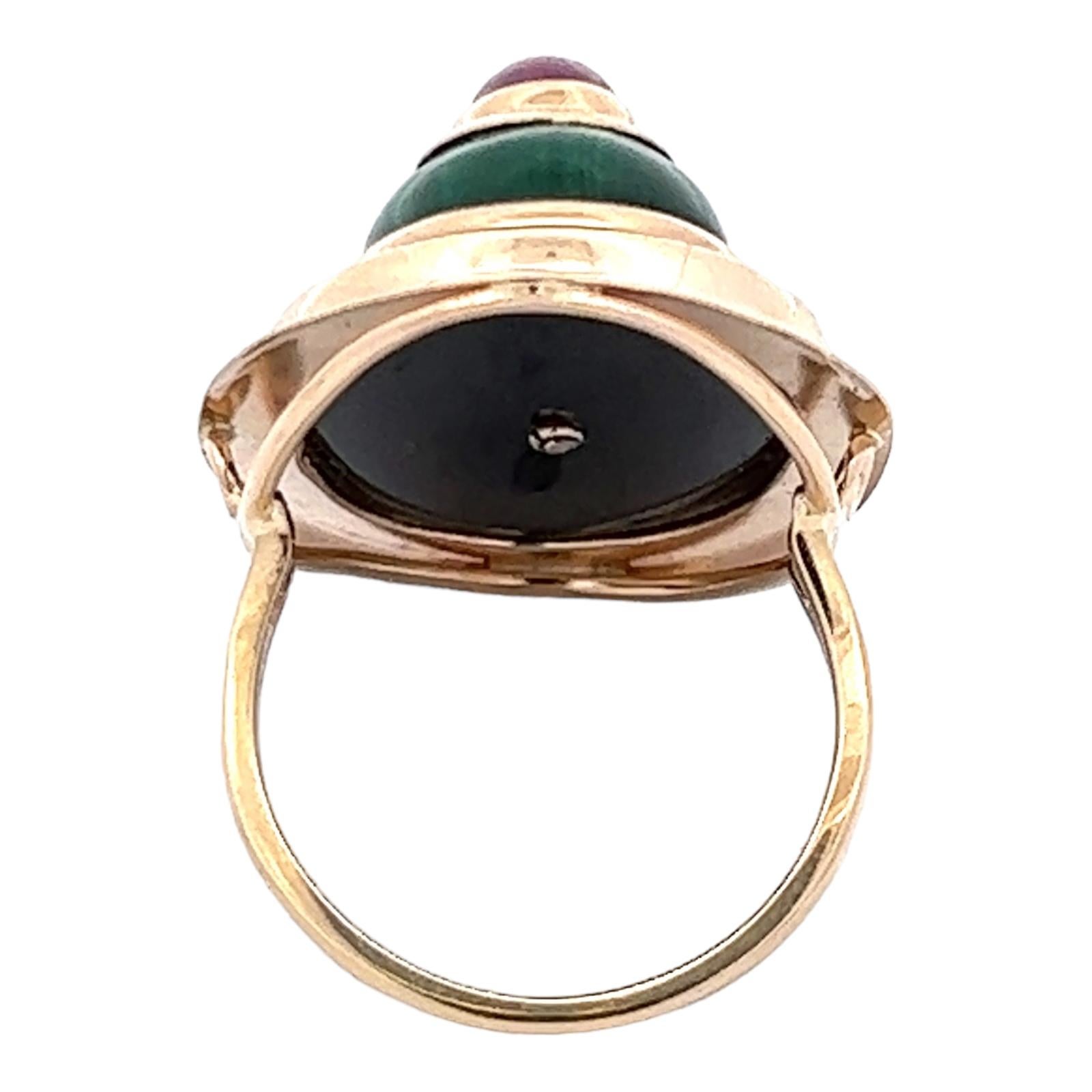Onyx Ruby Green Enamel 14 Karat Yellow Gold Cocktail Ring Contemporary  For Sale 1