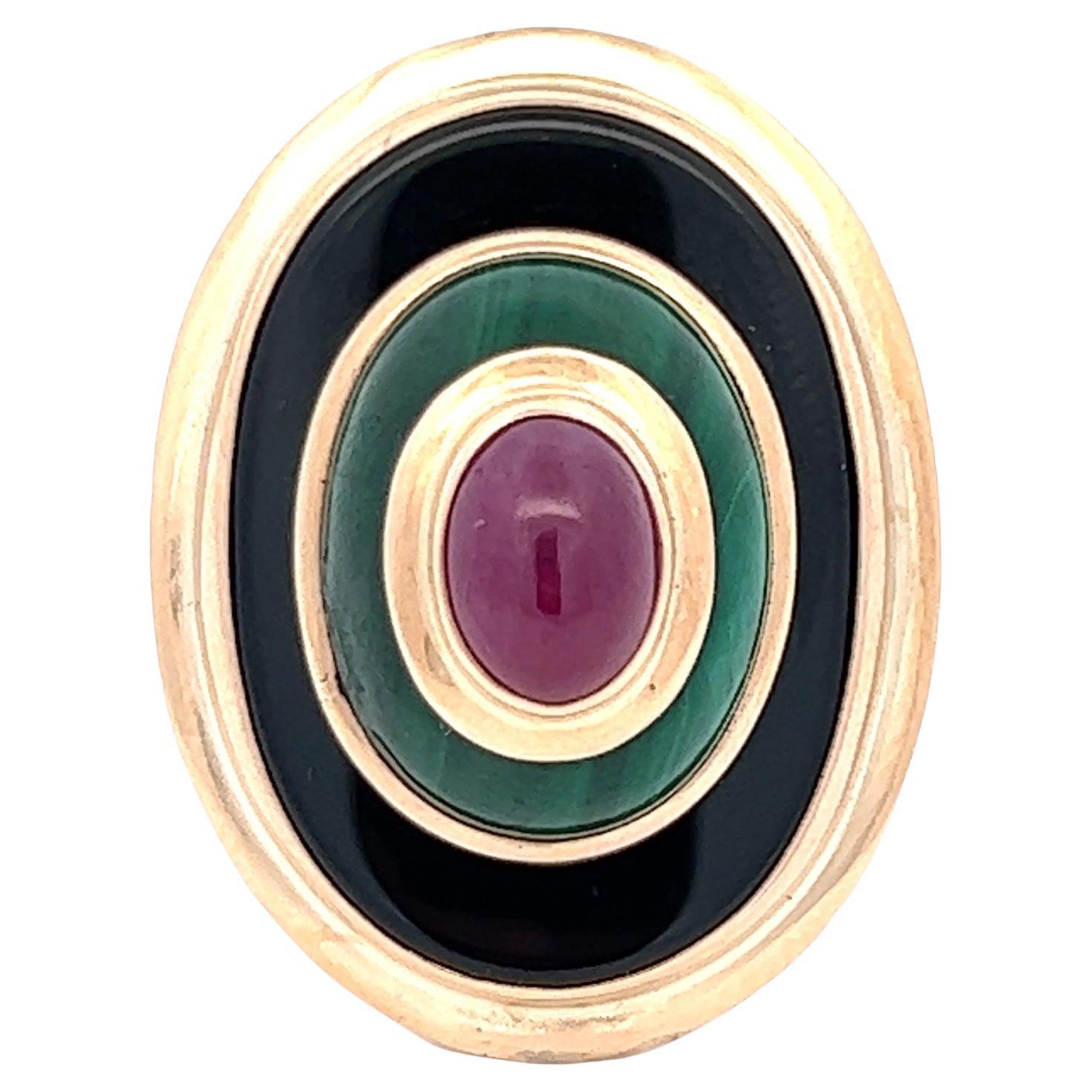 Onyx Ruby Green Enamel 14 Karat Yellow Gold Cocktail Ring Contemporary  For Sale