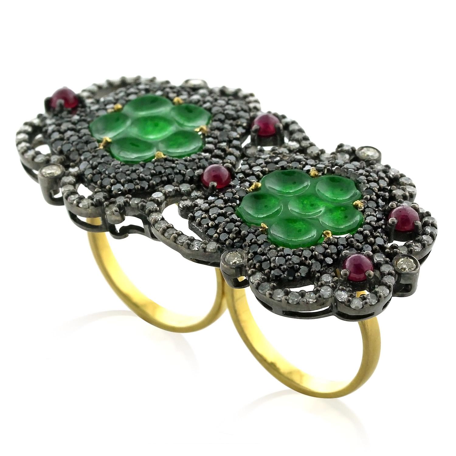 Artisan Onyx & Ruby Two Finger Ring with Diamonds Made in 18k Gold & Silver For Sale